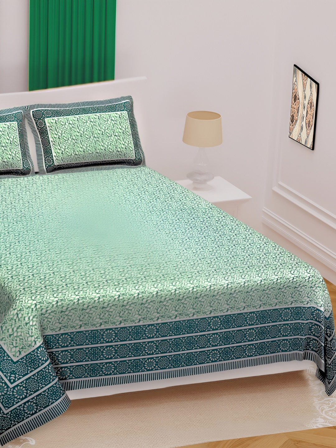 

Texstylers Green Floral Cotton 144 TC Queen Bedsheet with 2 Pillow Covers