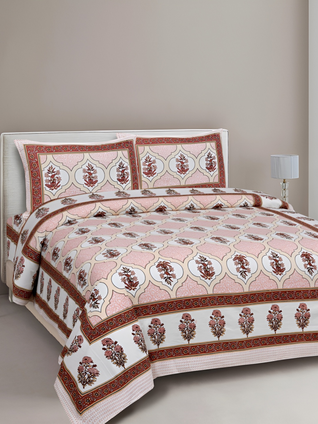 

Texstylers Pink & Brown Floral Cotton 144 TC Queen Bedsheet with 2 Pillow Covers