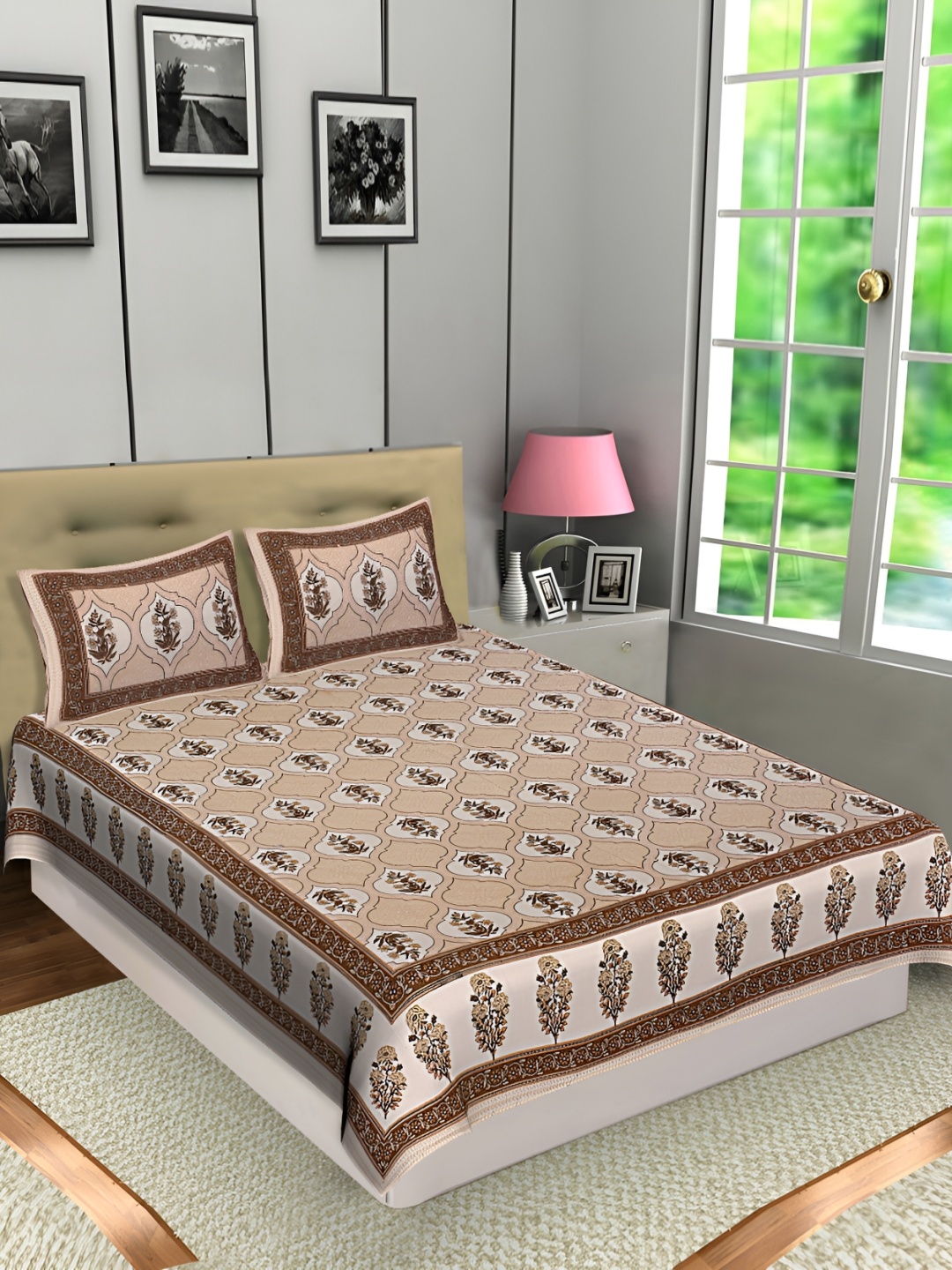 

Texstylers Beige & Brown Floral Cotton 144 TC Queen Bedsheet with 2 Pillow Covers