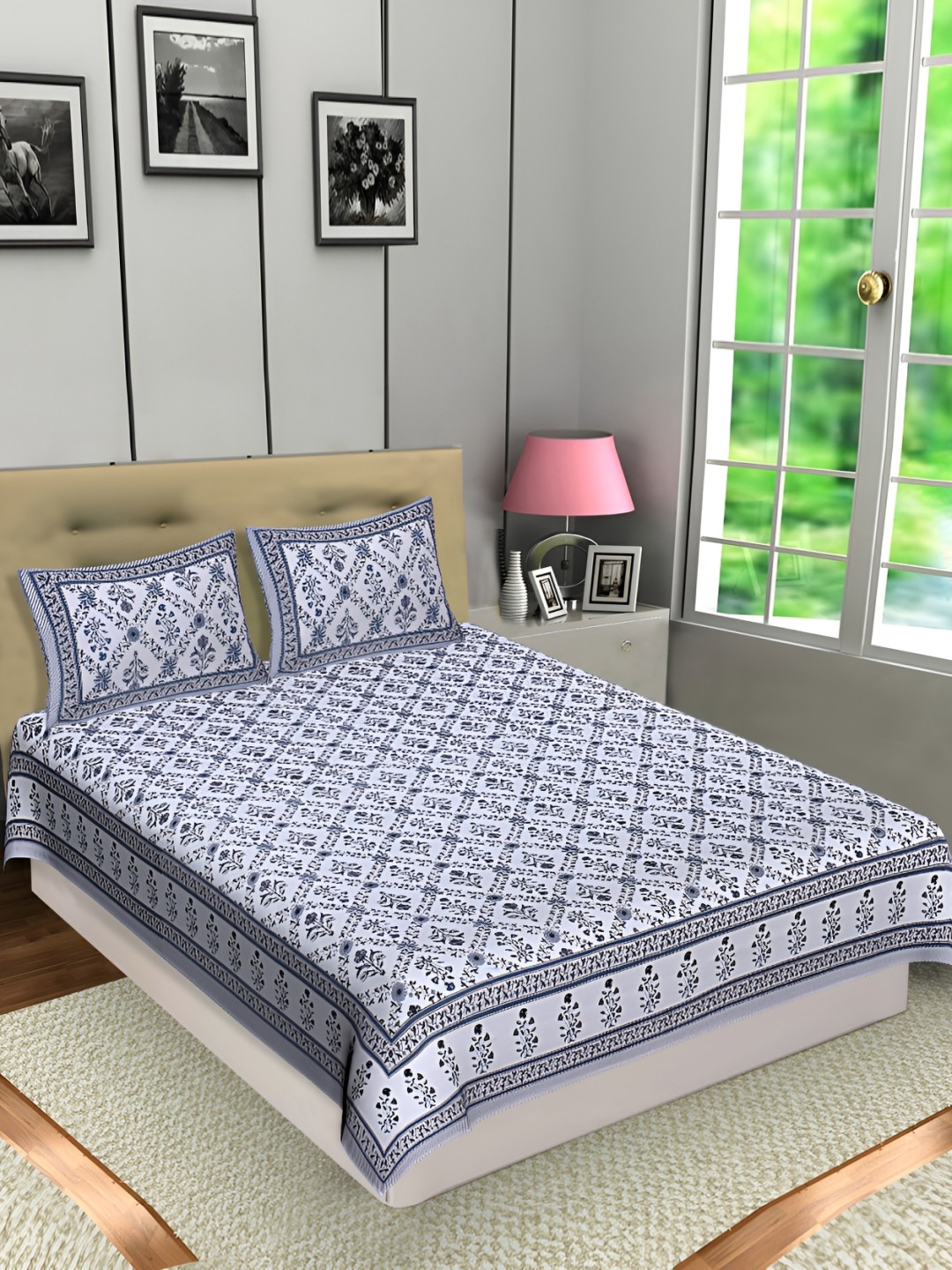 

Texstylers Blue Floral Cotton 144 TC Queen Bedsheet with 2 Pillow Covers