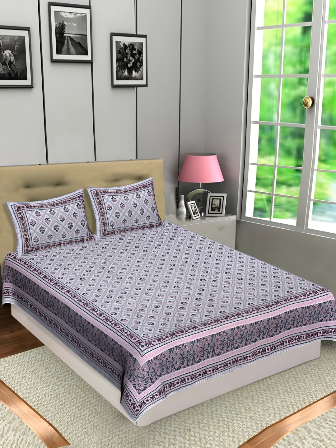 

Texstylers Grey & Pink Floral Cotton 144 TC Queen Bedsheet with 2 Pillow Covers 120GSM