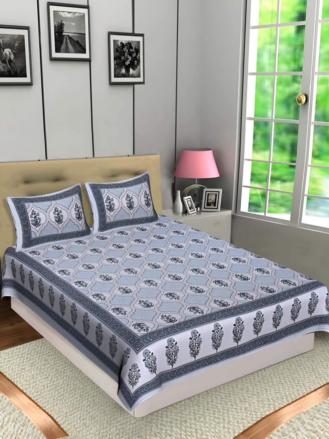 

Texstylers Blue Floral Cotton 144 TC Queen Bedsheet with 2 Pillow Covers