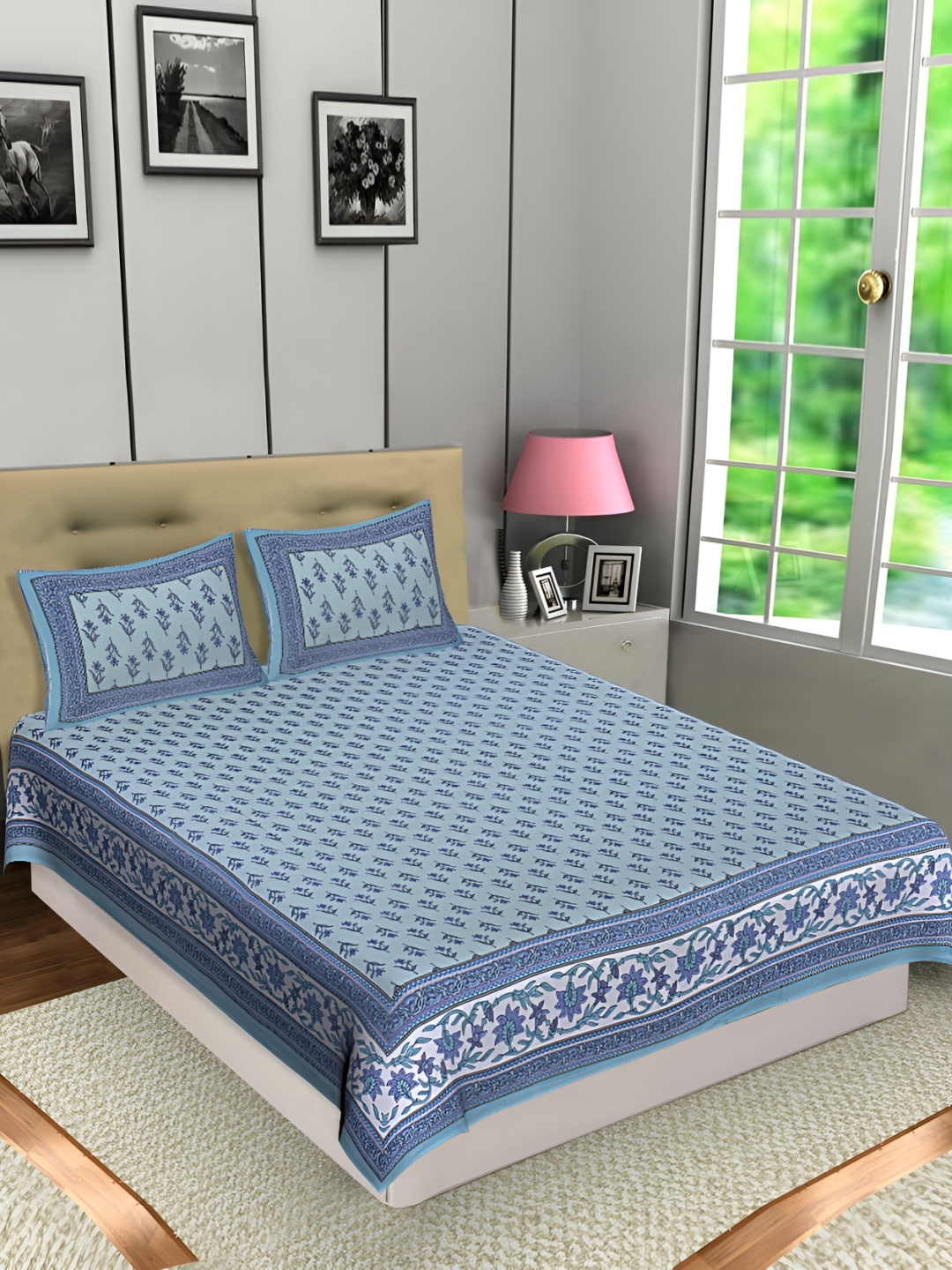 

Texstylers Blue Floral Cotton 144 TC Queen Bedsheet with 2 Pillow Covers