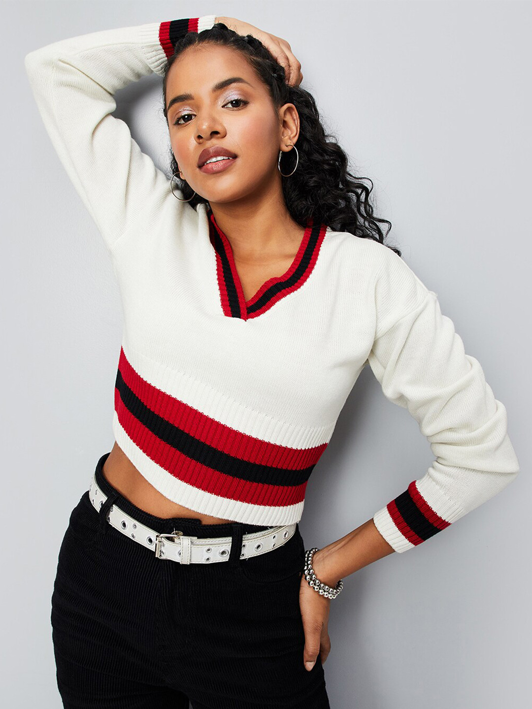 

max Striped Acrylic Crop Pullover Sweater, White