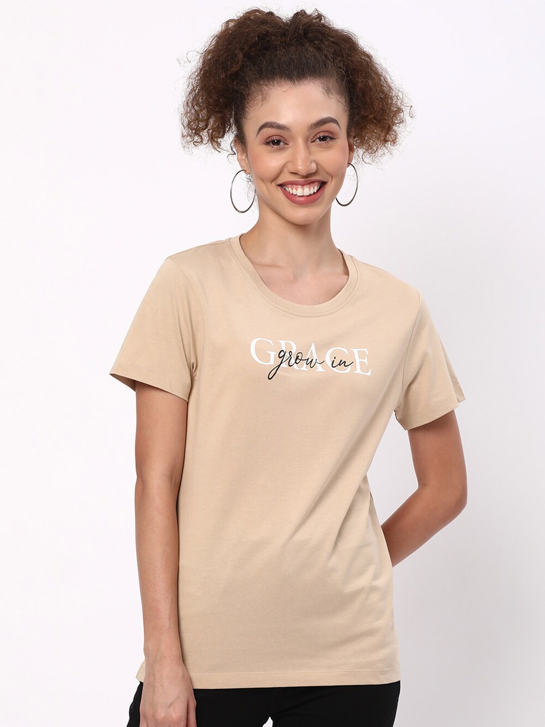 

R&B Typography Printed Cotton Regular Fit T-shirt, Beige