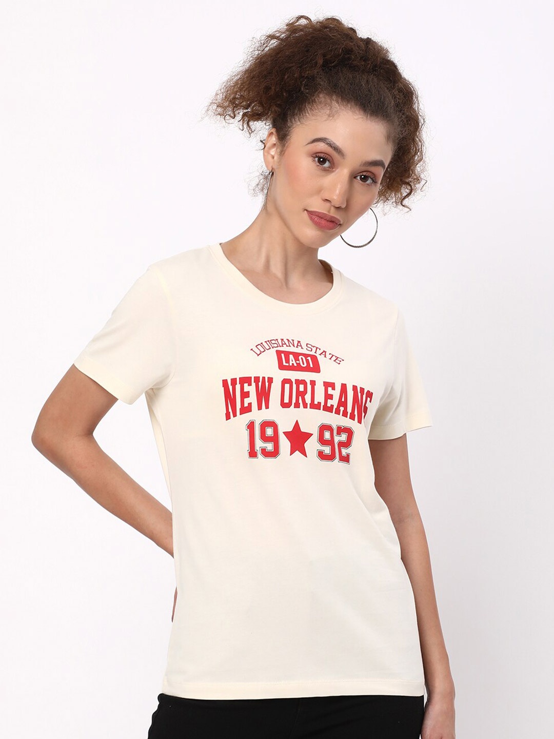 

R&B Typography Printed Cotton Regular Fit T-shirt, Off white