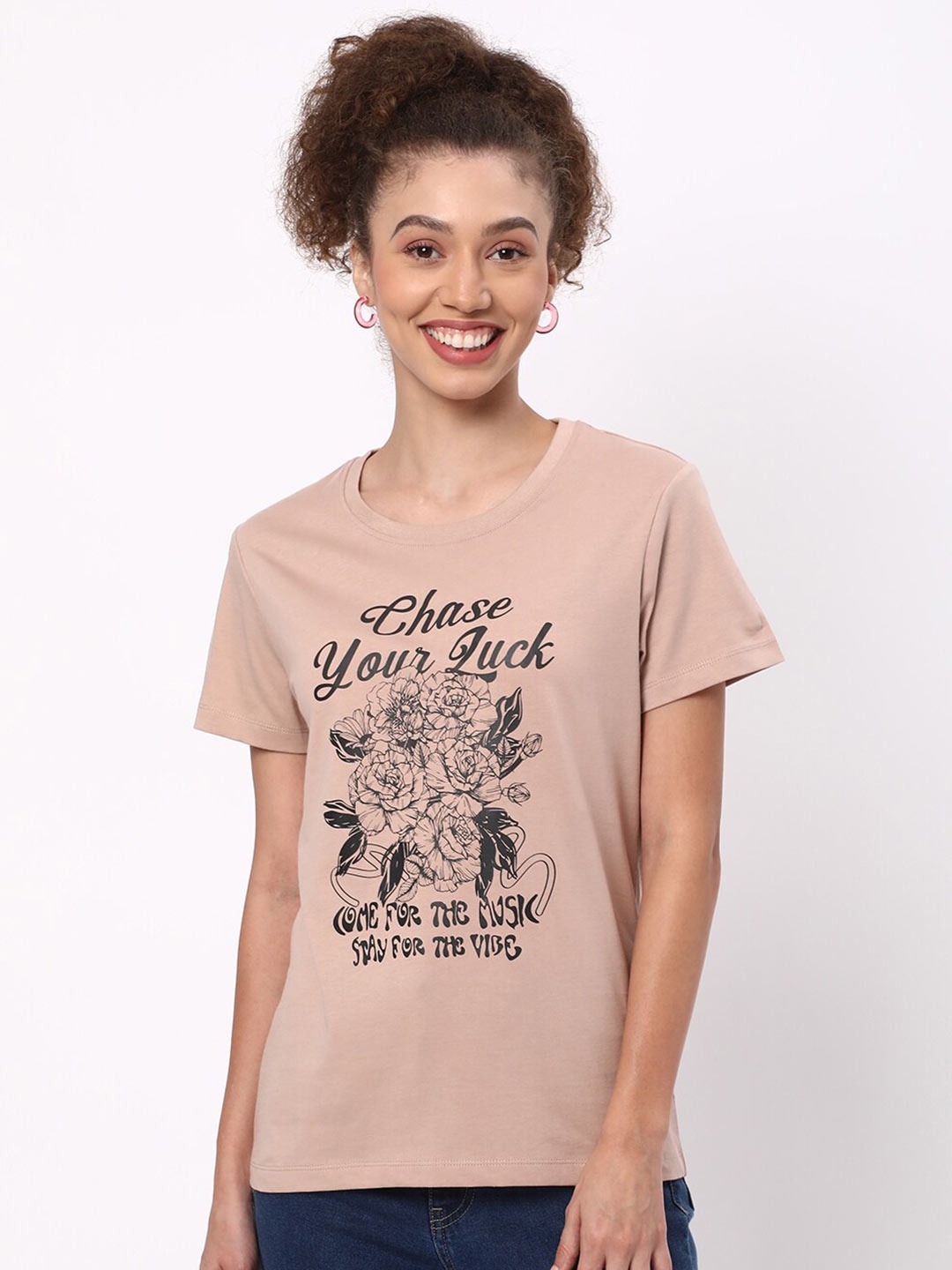 

R&B Floral Printed Cotton Regular Fit T-shirt, Beige