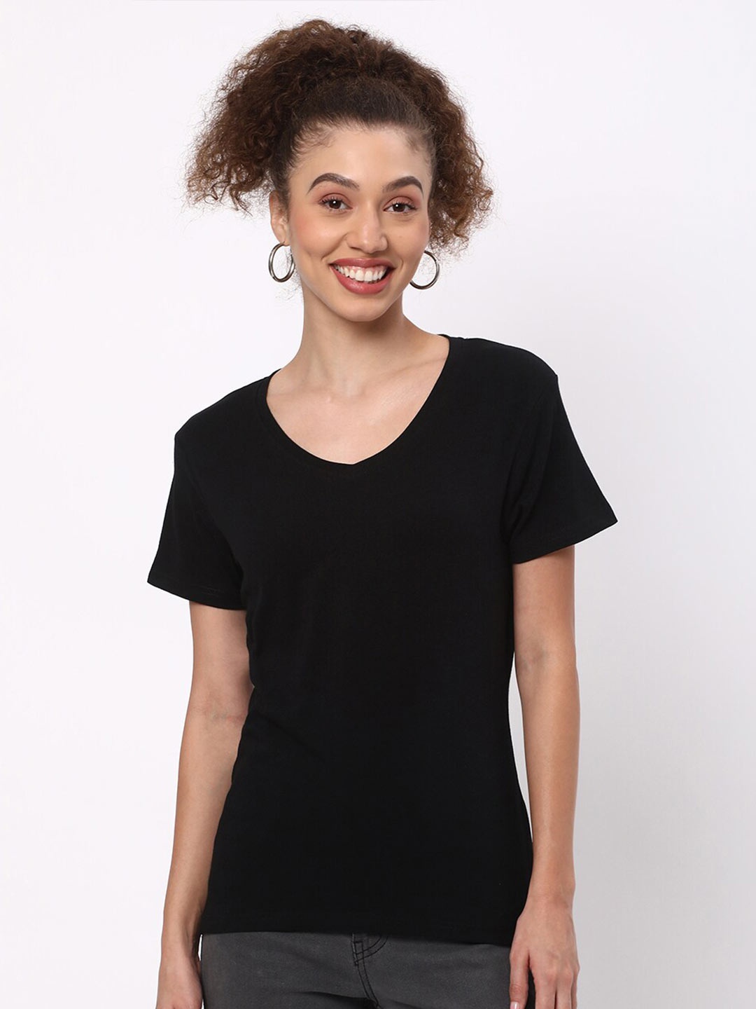 

R&B V-Neck Short Sleeves Cotton Regular T-shirt, Black