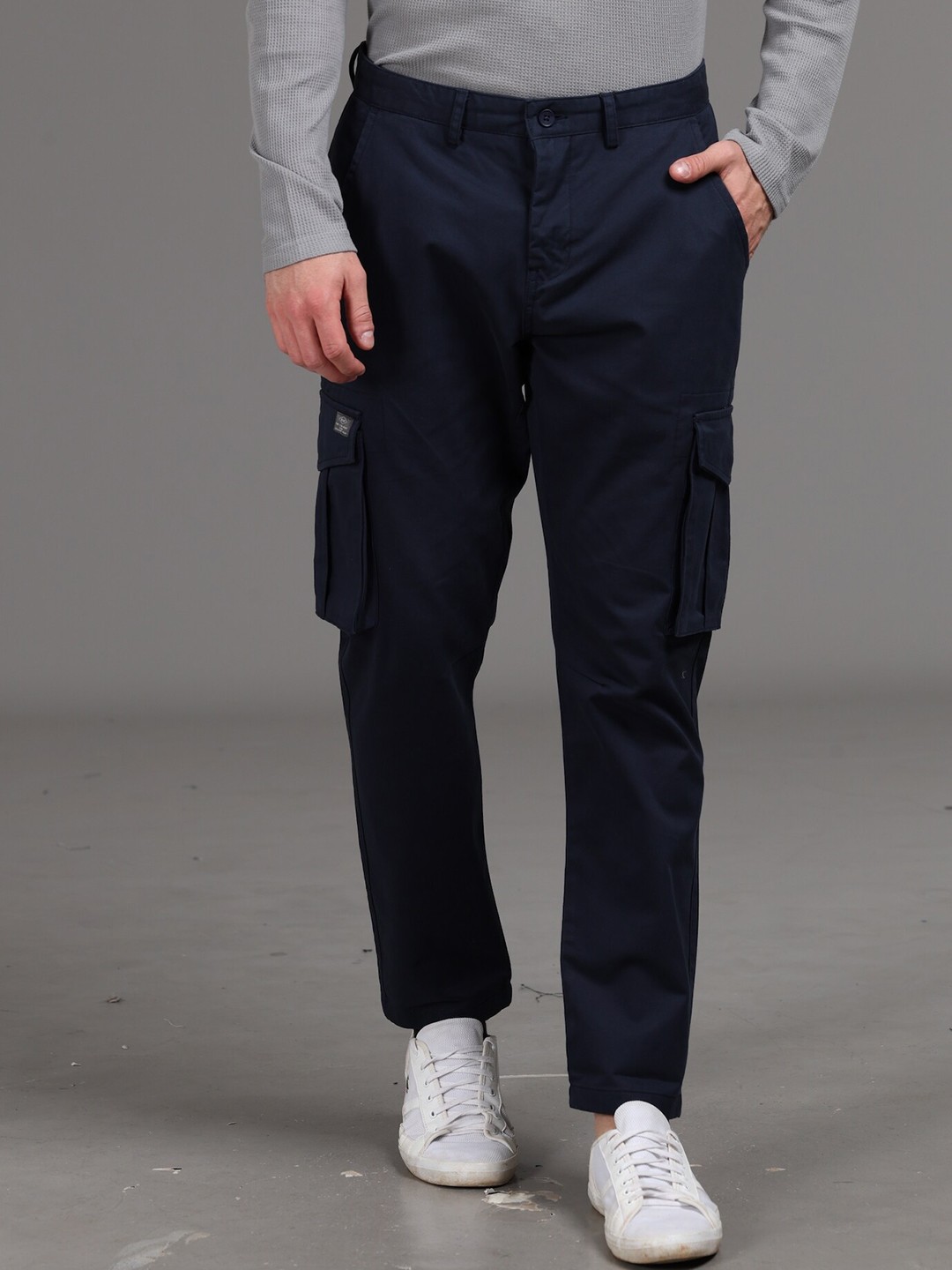 

POE Men Original Mid Rise Travel Features Cargos Trousers, Navy blue