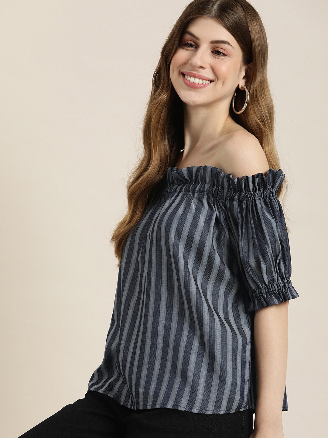 

DILLINGER Striped Off-Shoulder Puff Sleeve Bardot Top, Grey
