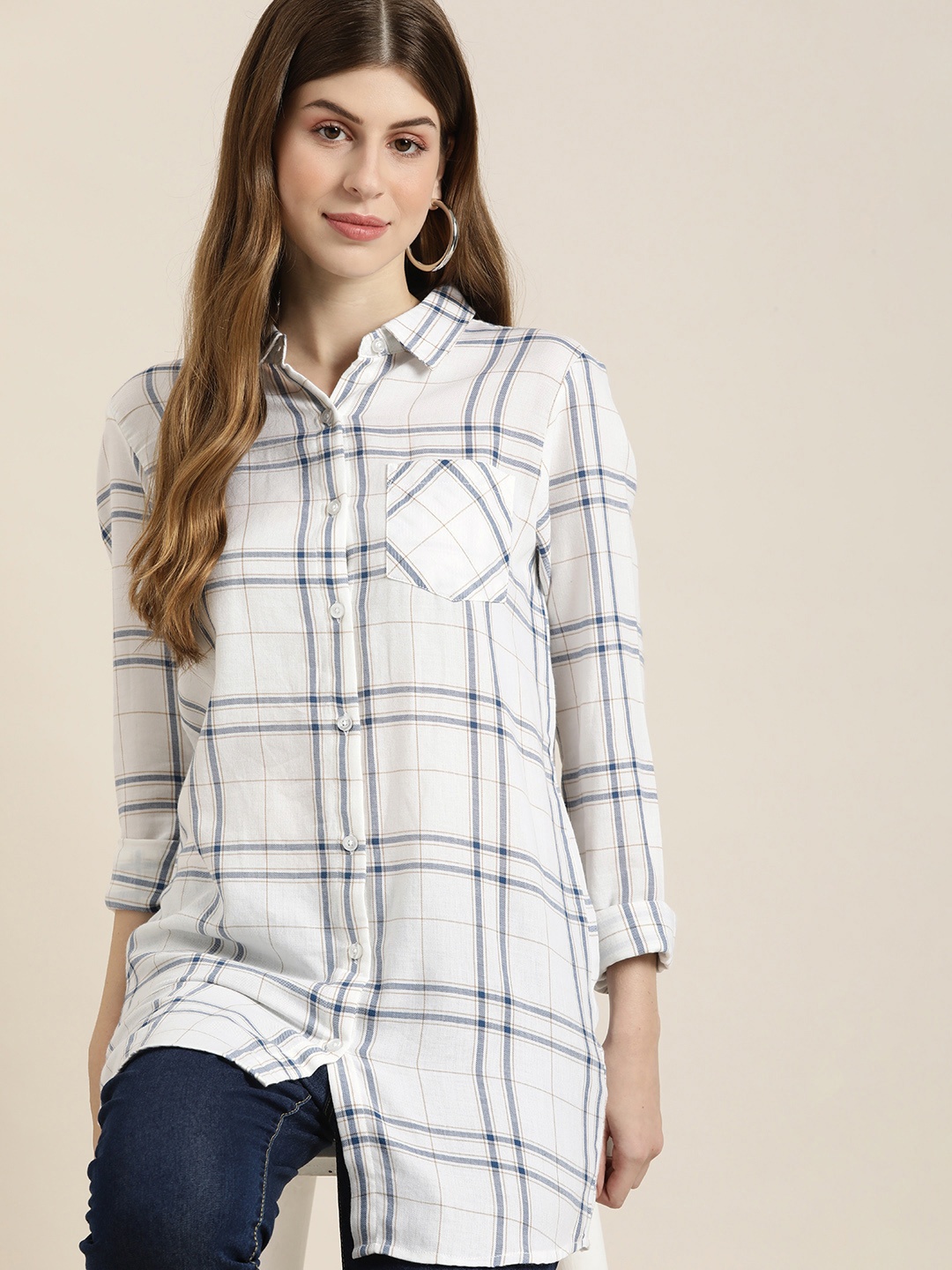 

DILLINGER Checked Cotton Shirt Style Longline Top, White