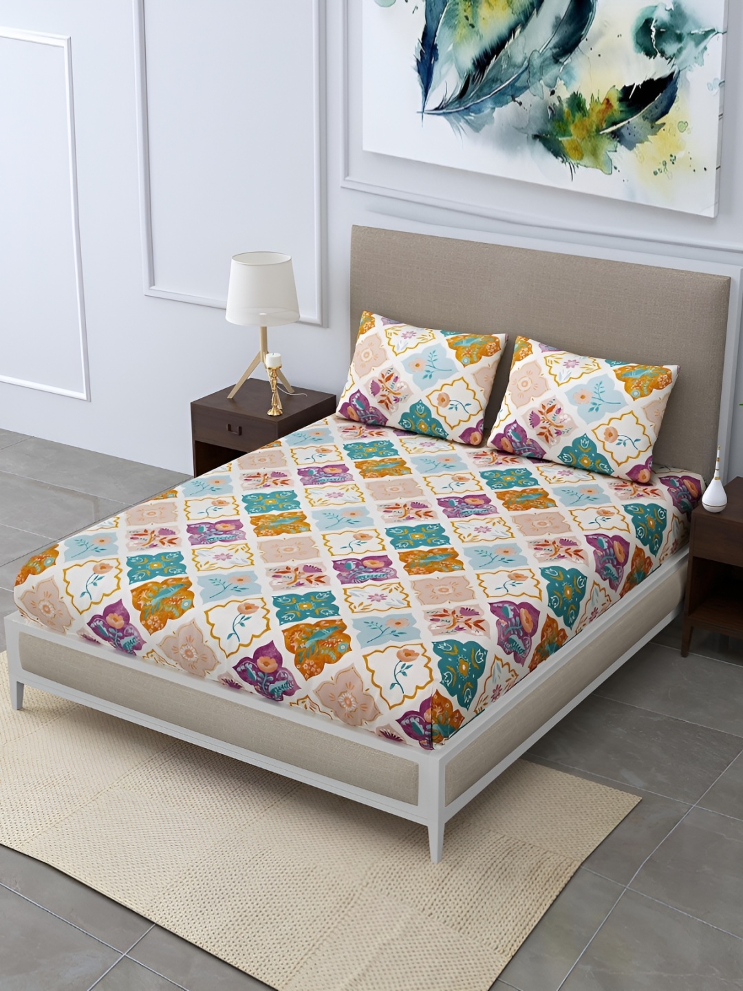 

CHHILAKIYA Green & Purple Ethnic Motifs Cotton 210 TC King Bedsheet with 2 Pillow Covers