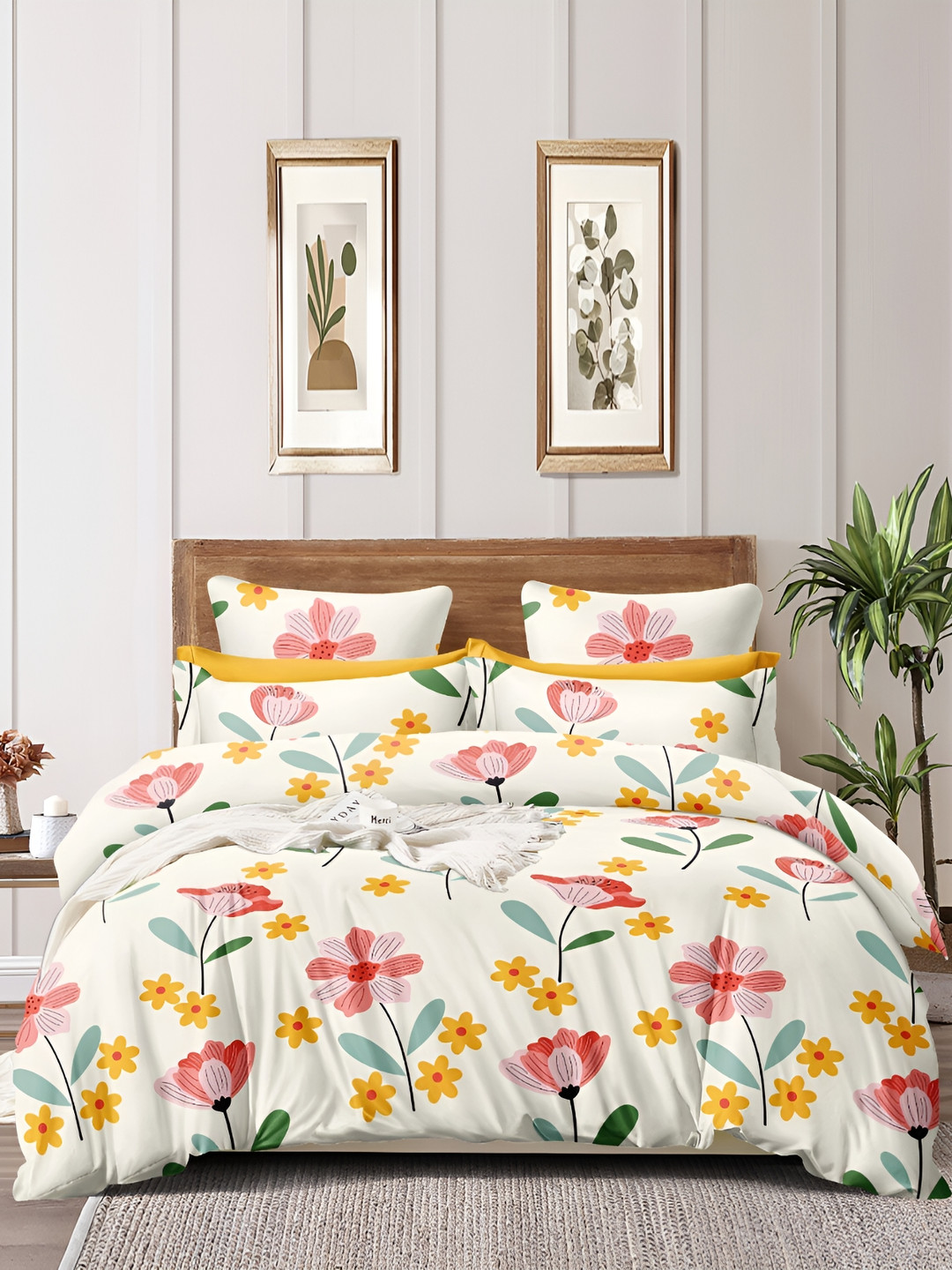 

CHHILAKIYA White & Green Floral Cotton 210 TC King Bedsheet with 2 Pillow Covers