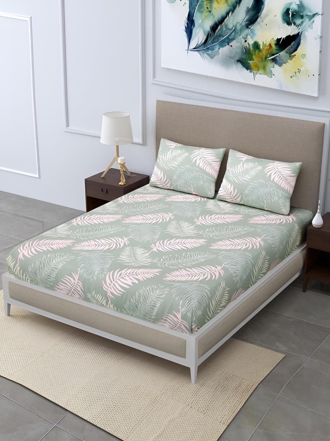 

CHHILAKIYA Green & White Floral Cotton 210 TC King Bedsheet with 2 Pillow Covers
