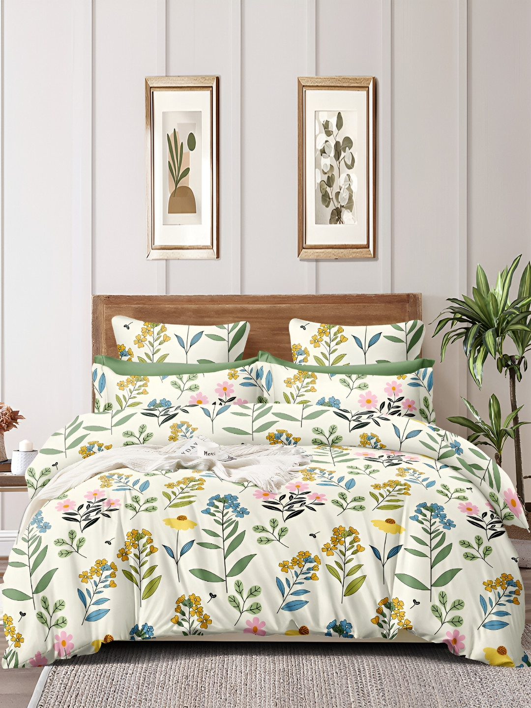 

CHHILAKIYA Green & White Floral Cotton 210 TC King Bedsheet with 2 Pillow Covers