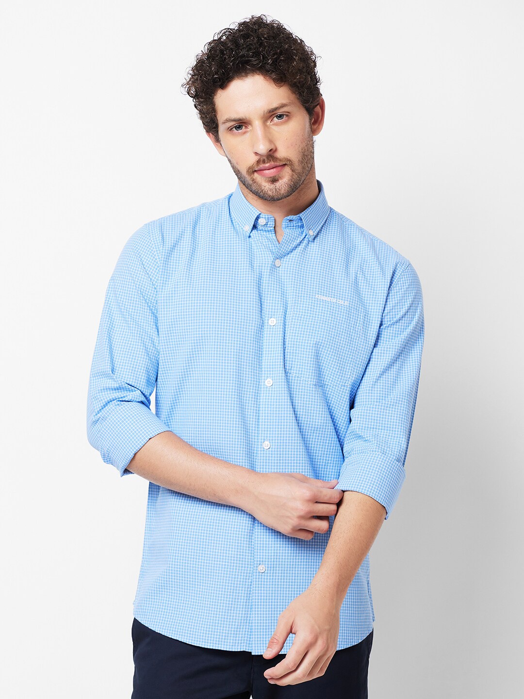 

Kenneth Cole Slim Fit Gingham Checked Button-Down Collar Casual Shirt, Blue