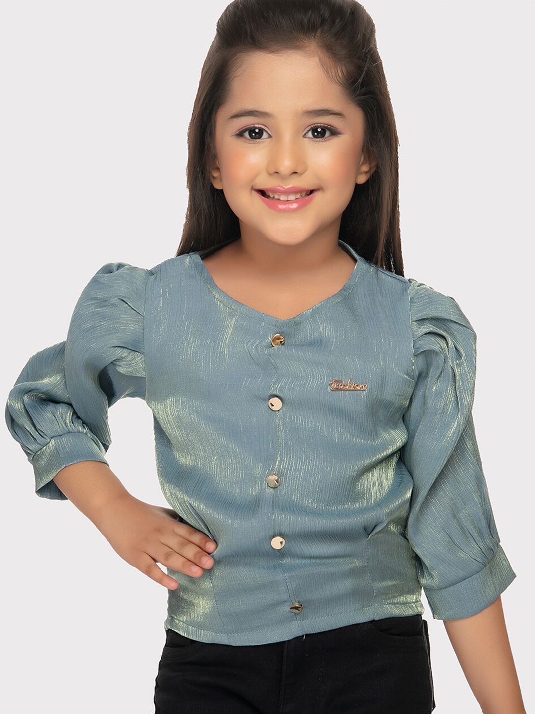 

Tiny Kingdom Girls V-Neck Puff Sleeve Top, Grey