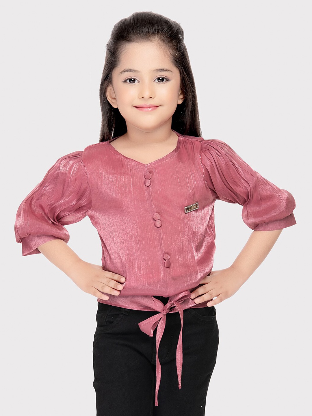 

Tiny Kingdom Girls Self Design Puff Sleeves Waist Tie-Ups Shirt Style Top, Pink