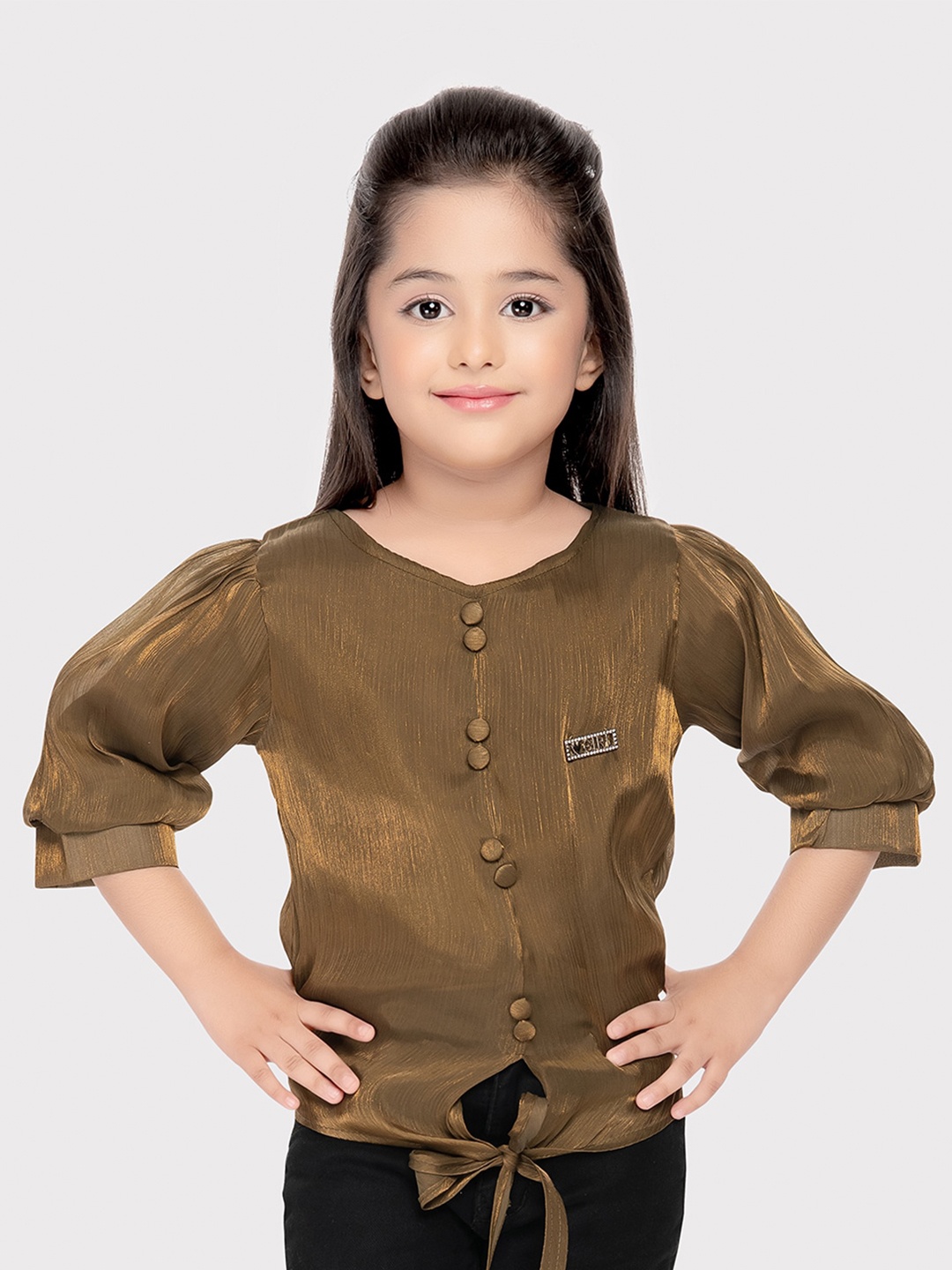

Tiny Kingdom Puff Sleeve Tie-Up Top, Brown