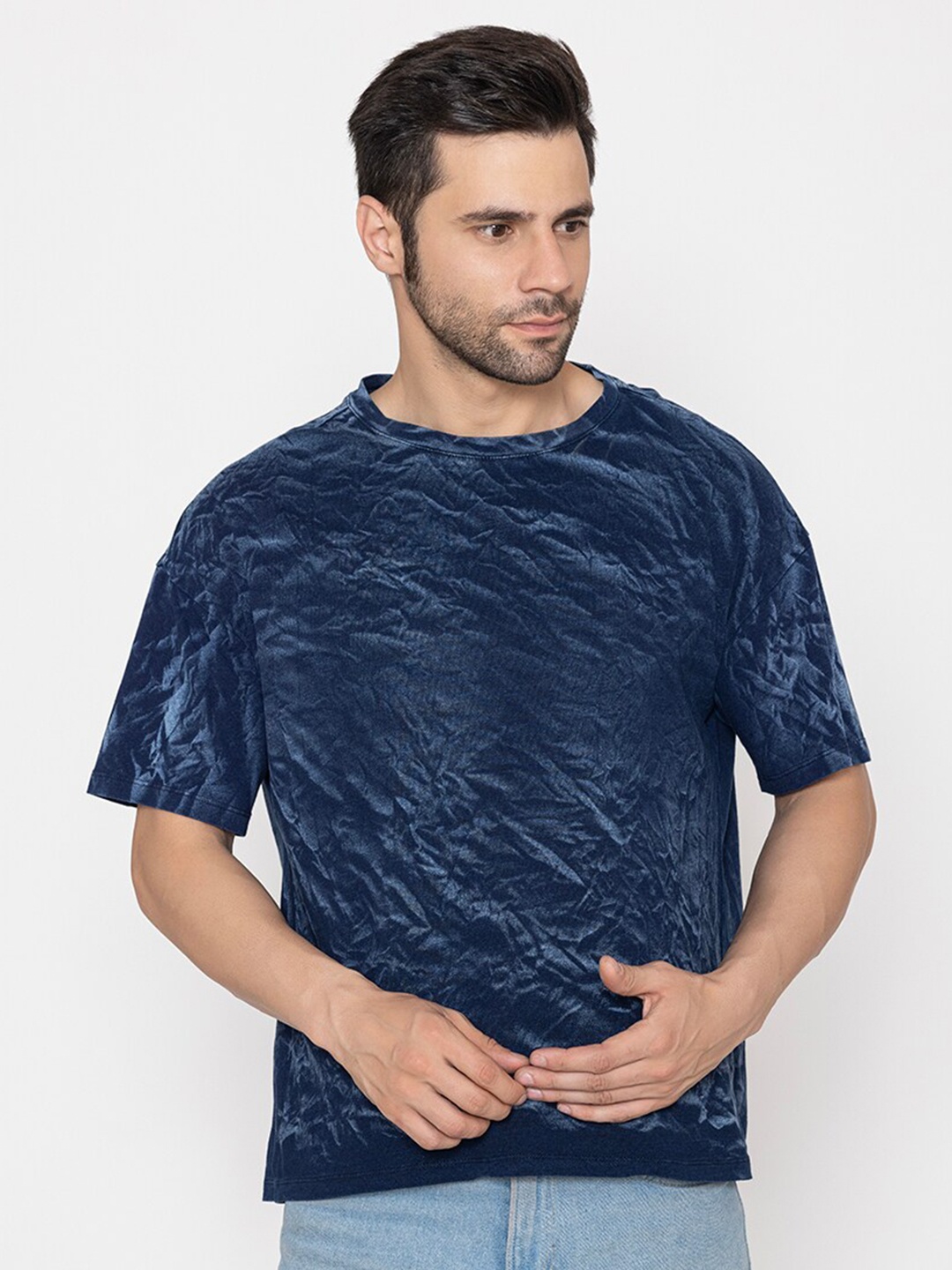 

TITTLI Abstract Printed Drop Shoulder Sleeve Pure Cotton Boxy T-Shirt, Navy blue