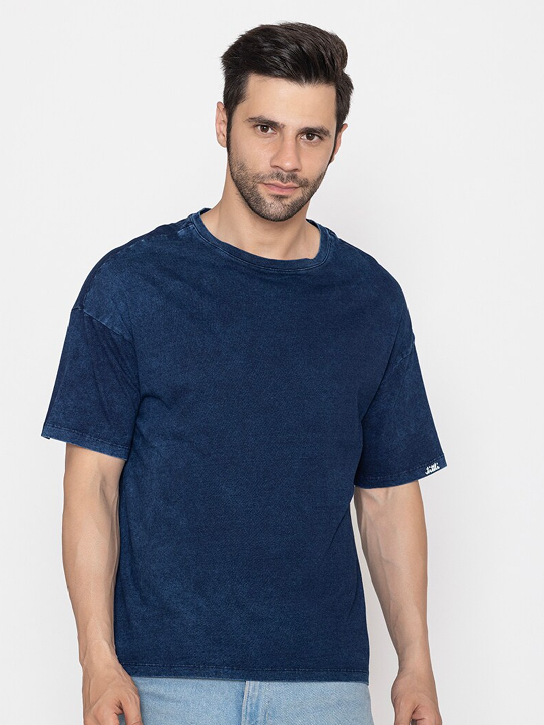 

TITTLI Dyed Drop-Shoulder Sleeves Pure Cotton Boxy Oversized T-shirt, Navy blue