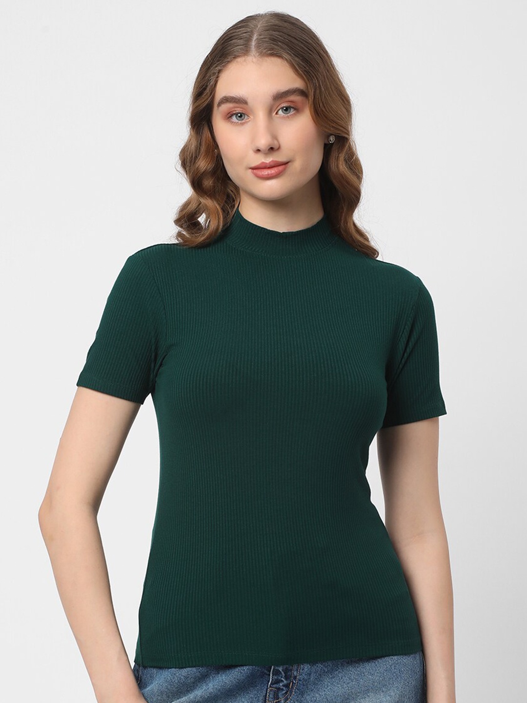 

R&B High Neck Ribbed Fitted Cotton Top, Green
