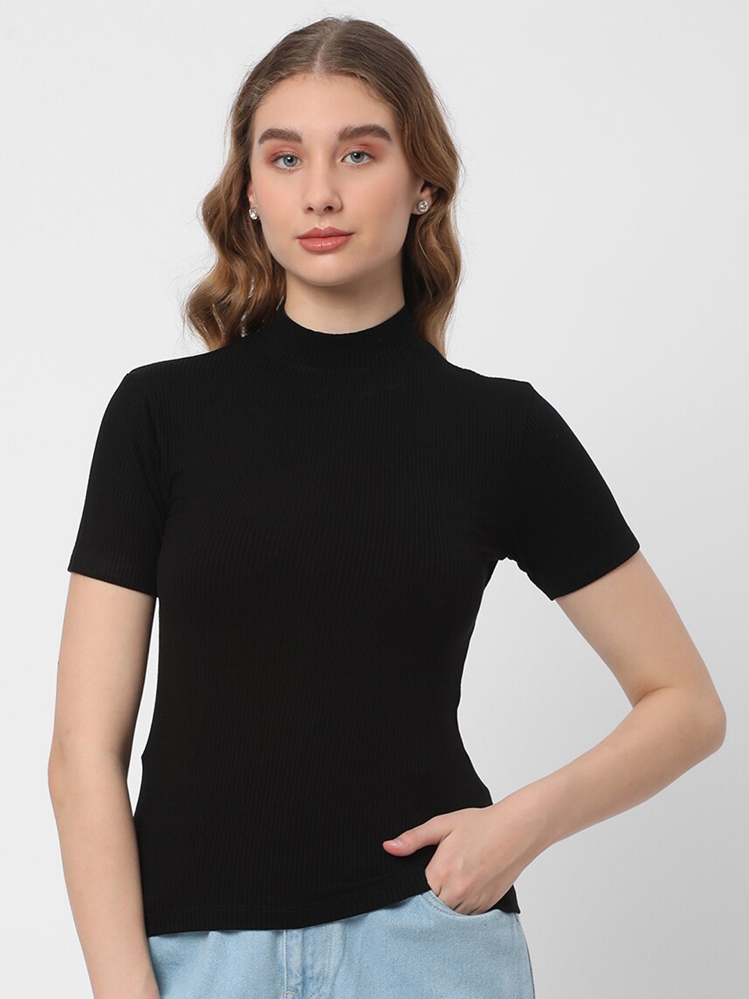 

R&B High Neck Ribbed Fitted Cotton Top, Black