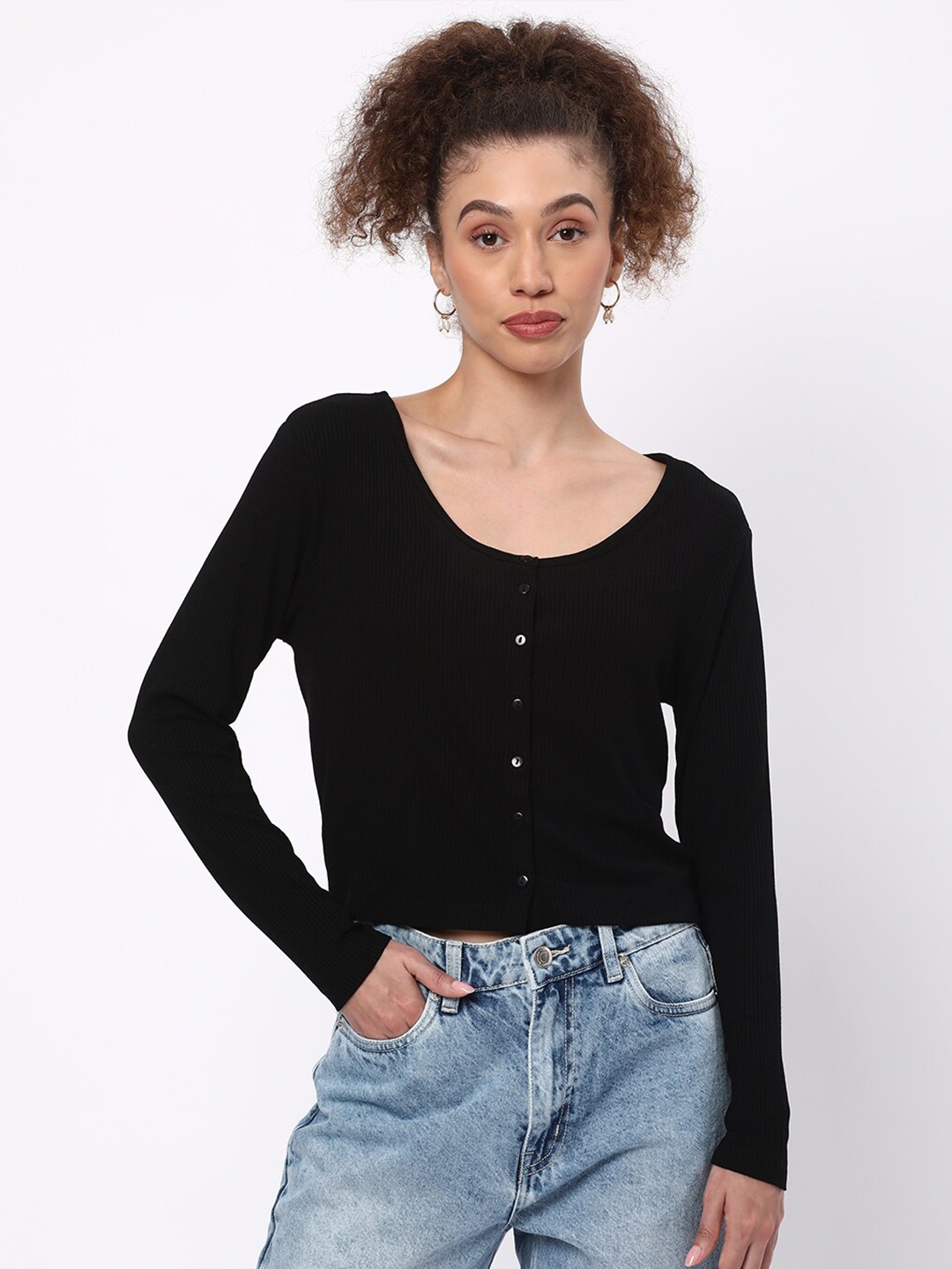 

R&B Button Down Ribbed Cotton Crop Top, Black