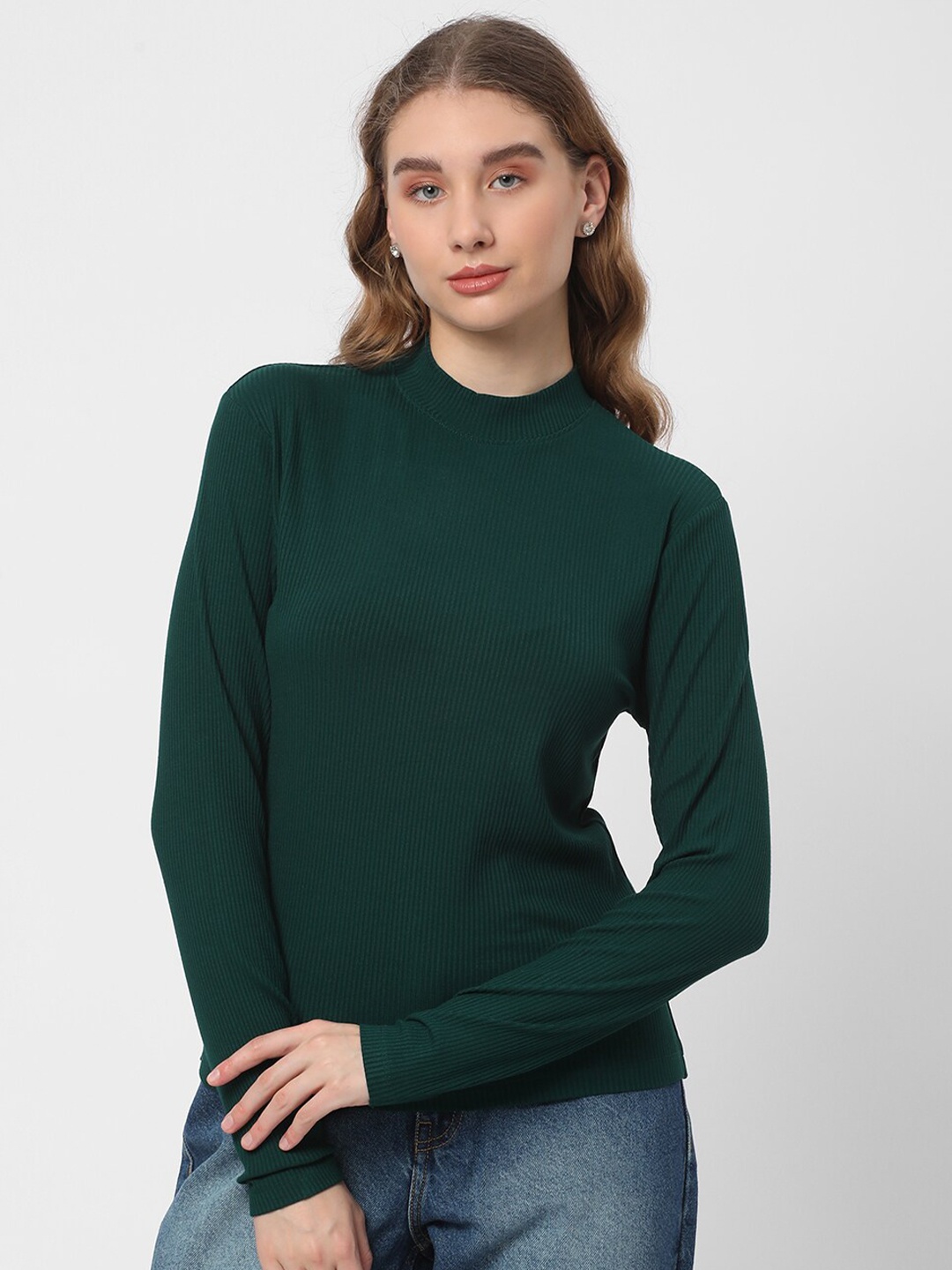 

R&B Ribbed High Neck T Shirt, Green