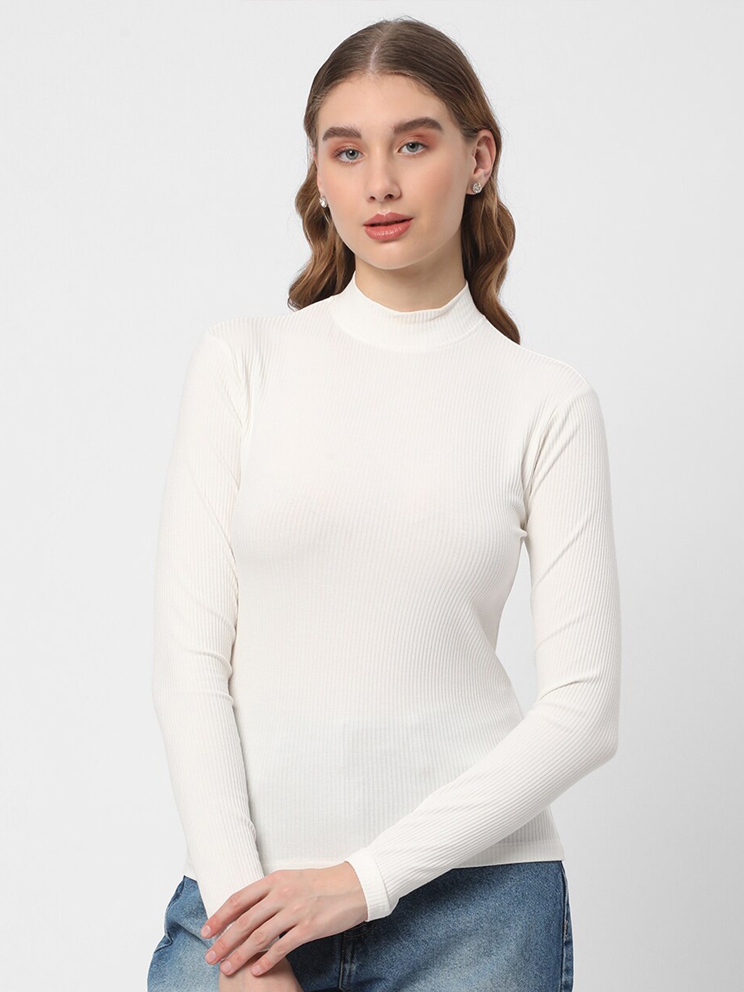 

R&B High Neck Ribbed Fitted Cotton Top, White