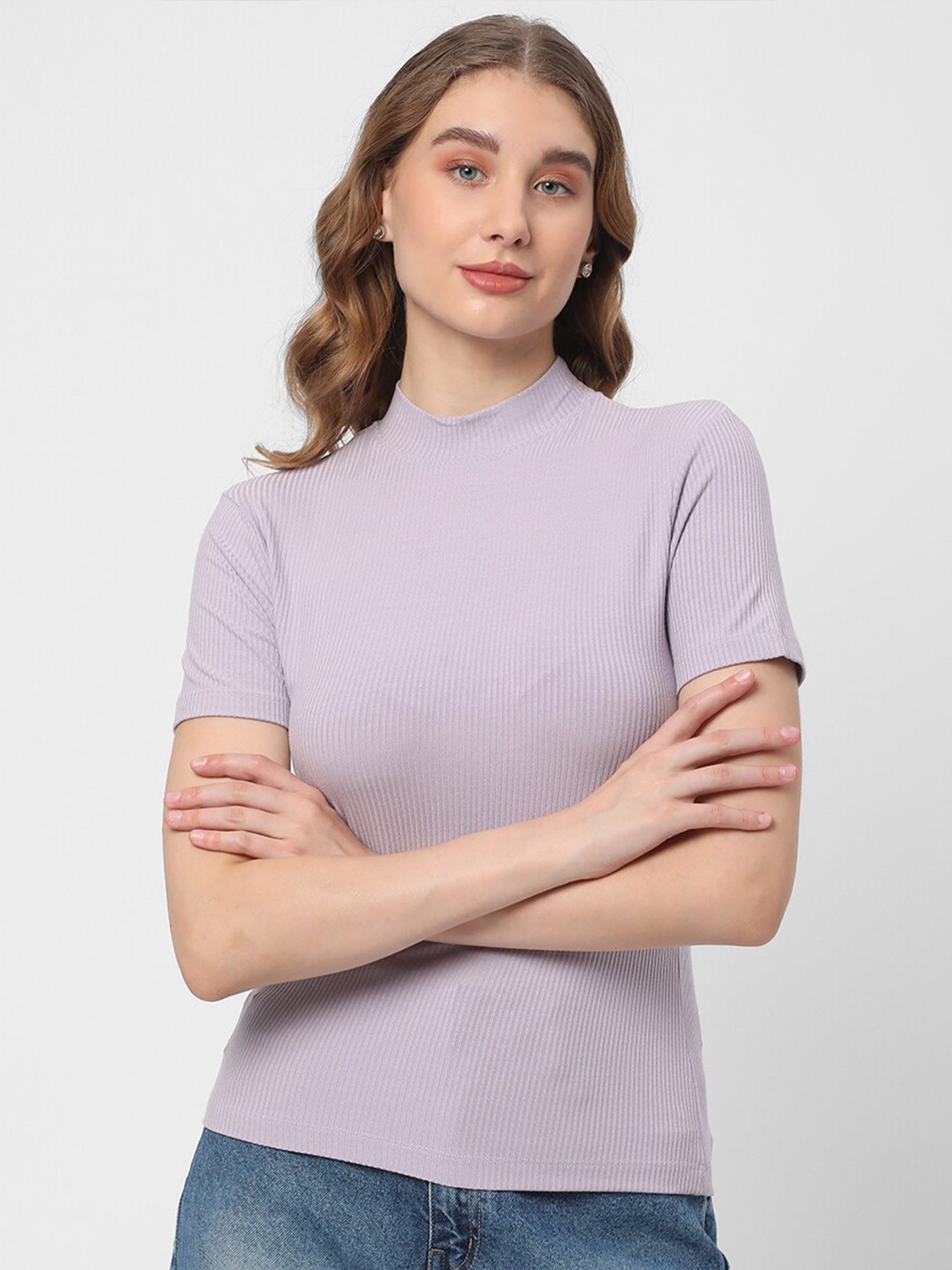 

R&B High Neck Ribbed Fitted Cotton Top, Purple