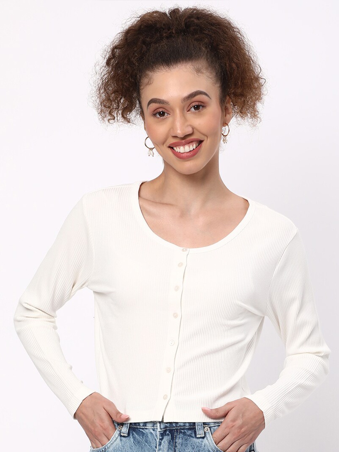 

R&B Round Neck Shirt Style Top, White
