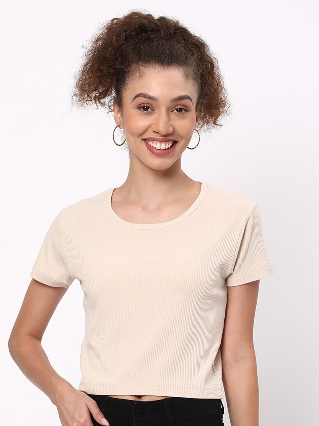 

R&B Round Neck Regular Crop Top, Beige