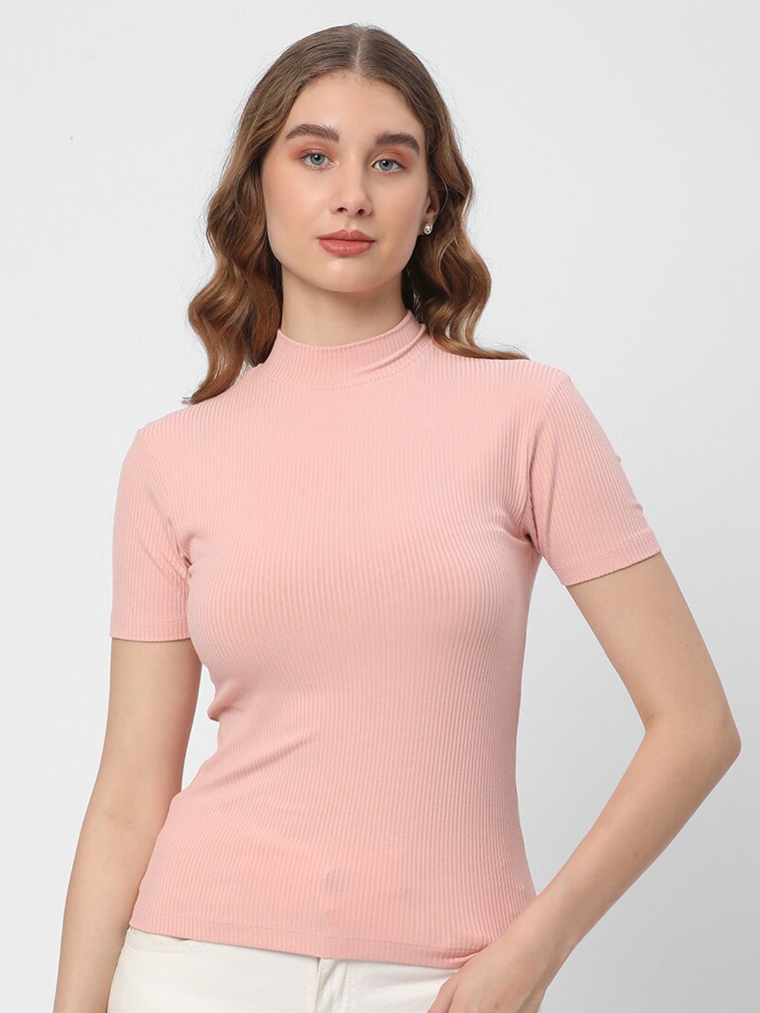 

R&B High Neck Ribbed Cotton Fitted Top, Pink