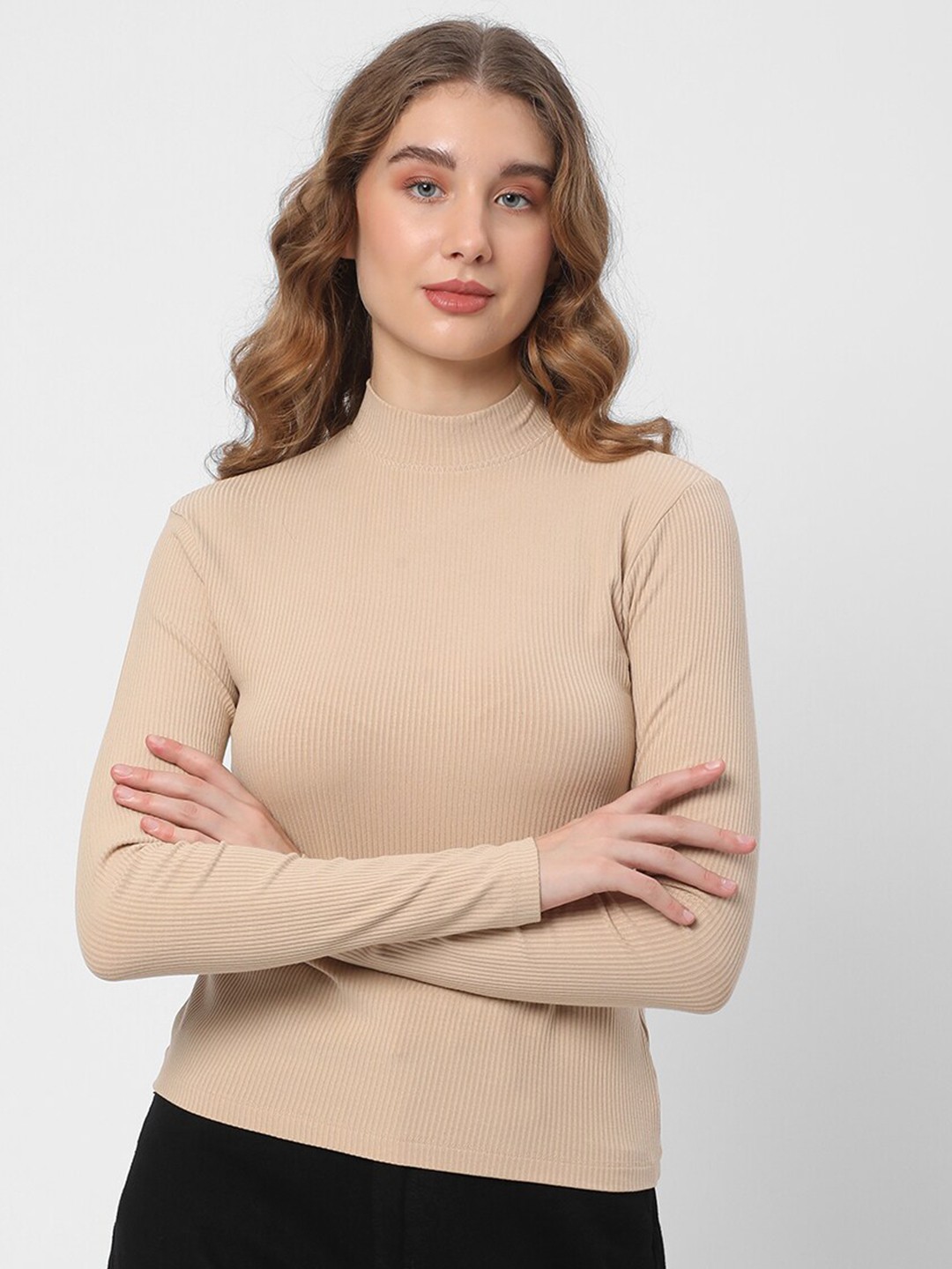 

R&B Ribbed High Neck Top, Beige