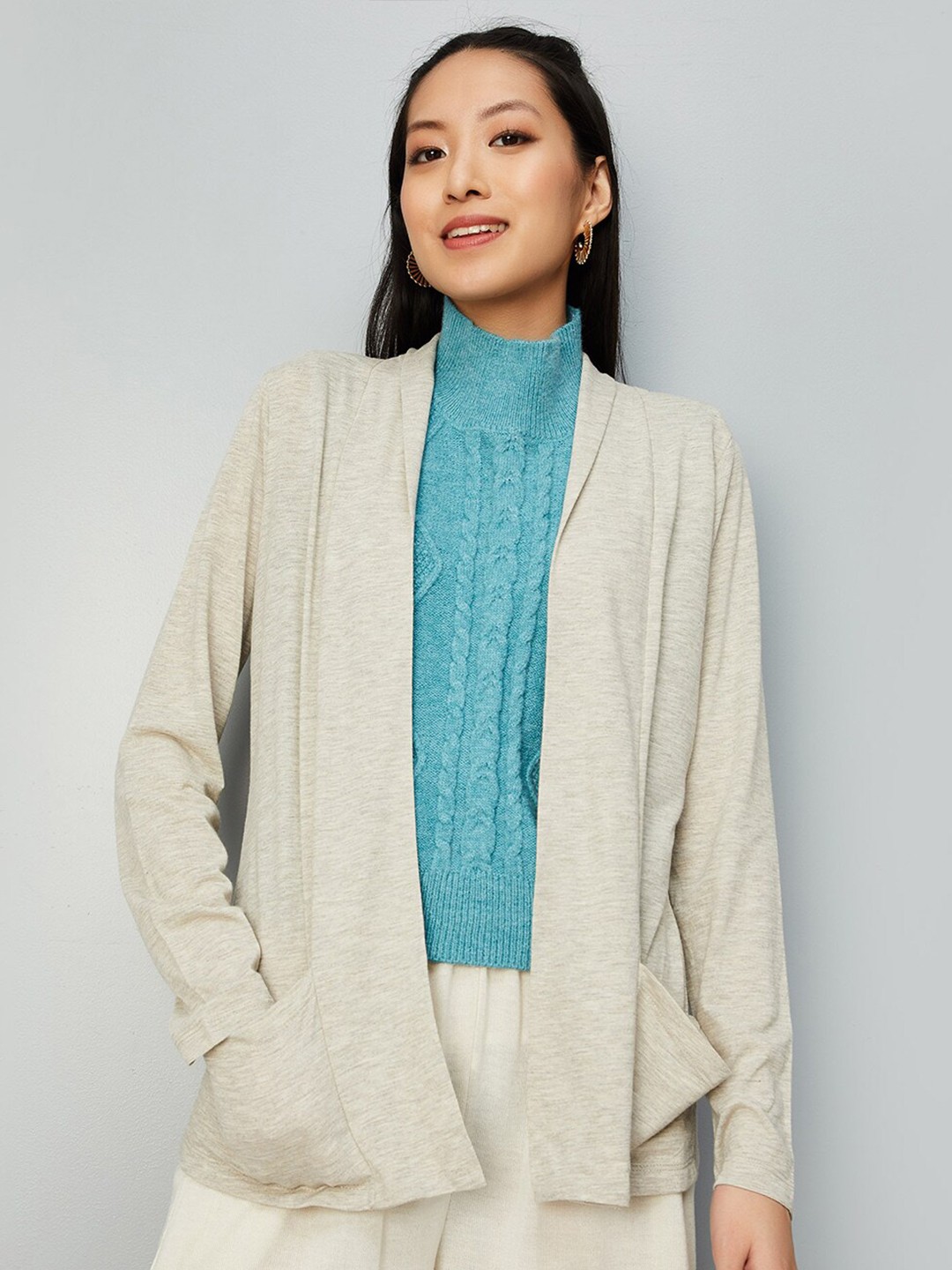 

max Longline Open Front Shrug, Beige