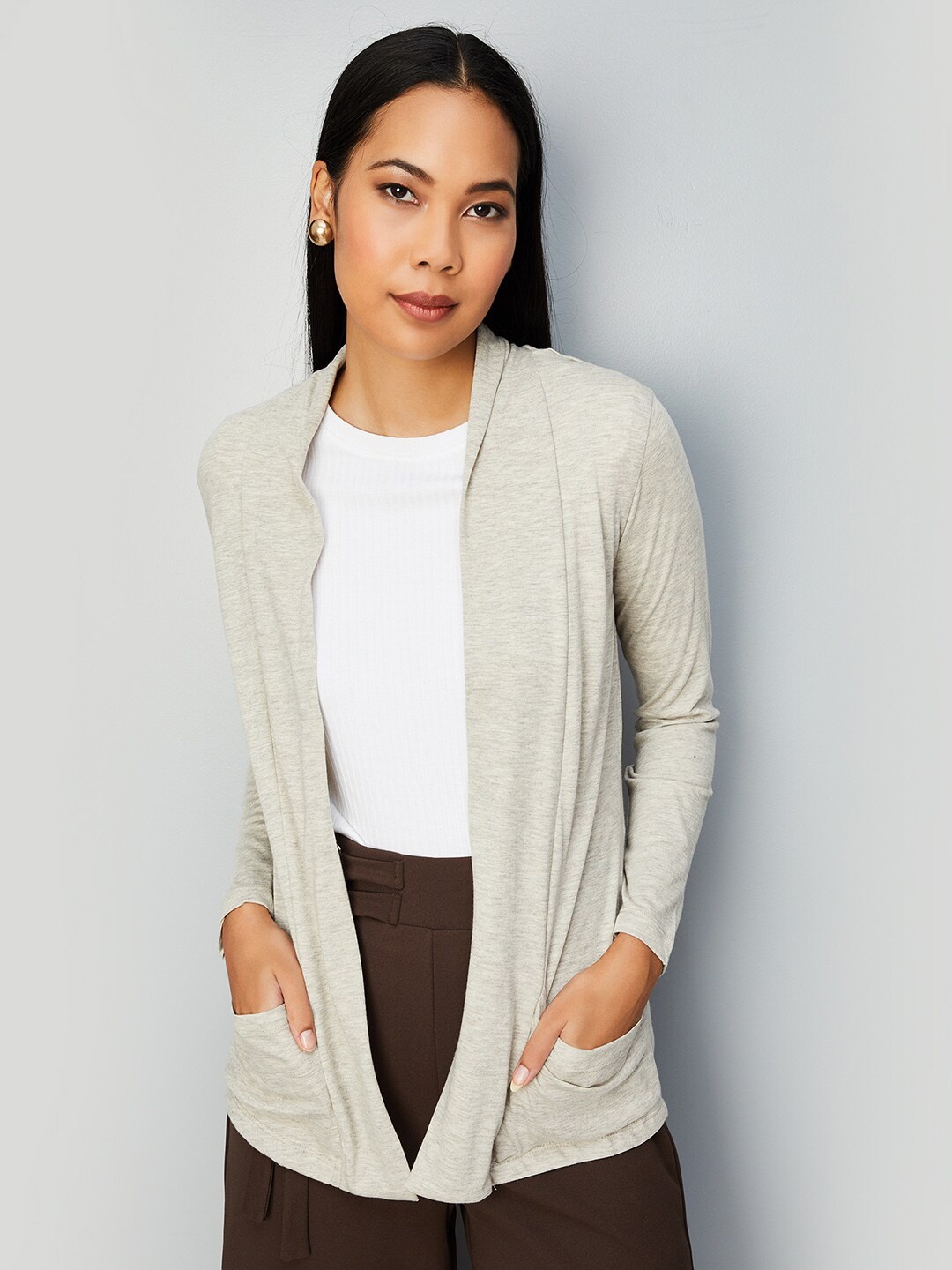 

max Long Sleeves Longline Open Front Shrug, Beige