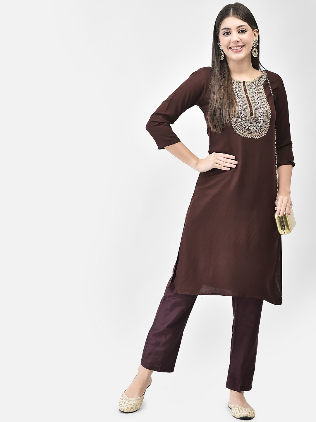 

Span Ethnic Motifs Yoke Design Thread Work Detail Straight Kurta, Brown