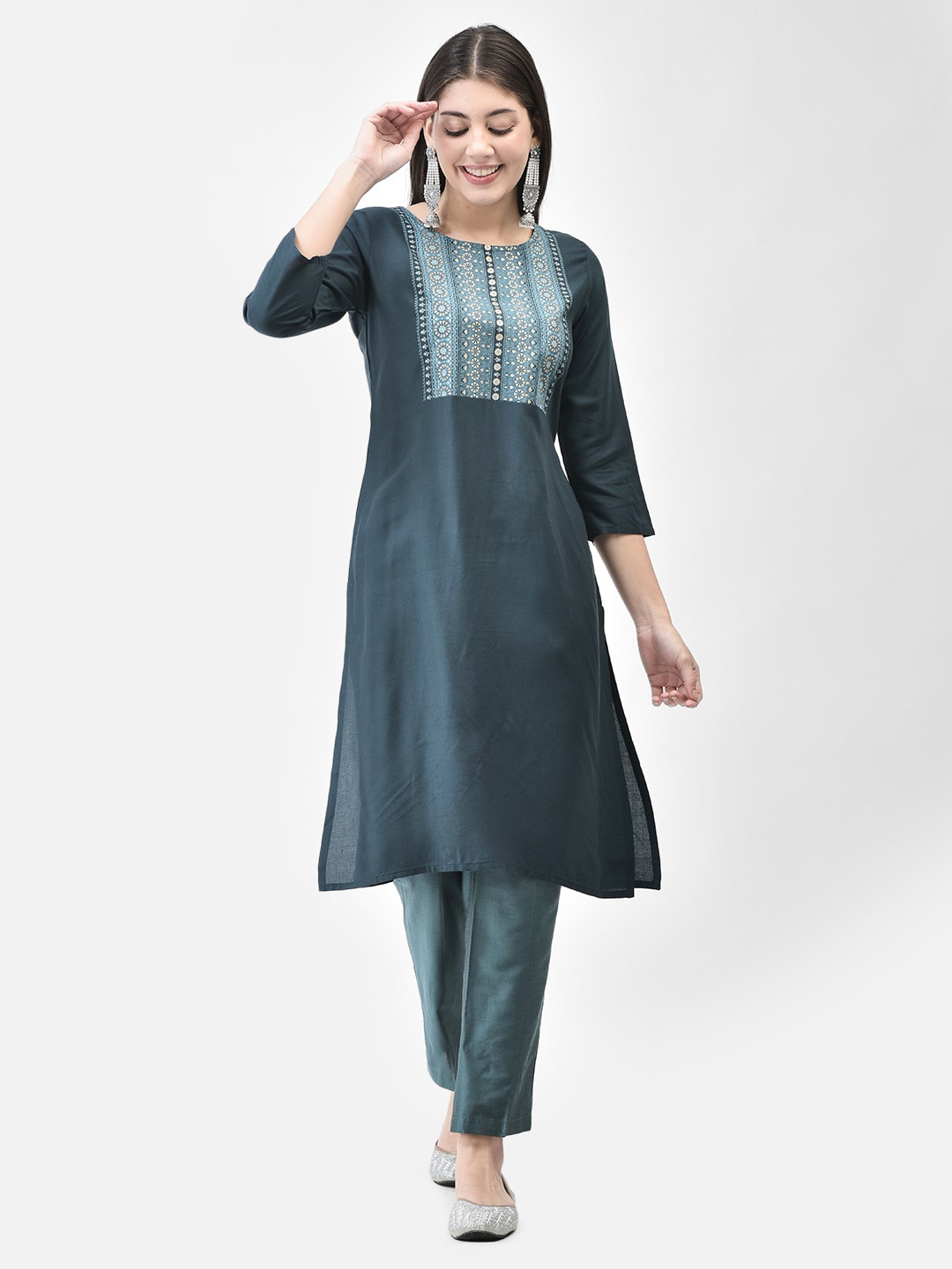 

Span Ethnic Motifs Printed Round Neck Straight Kurta, Teal