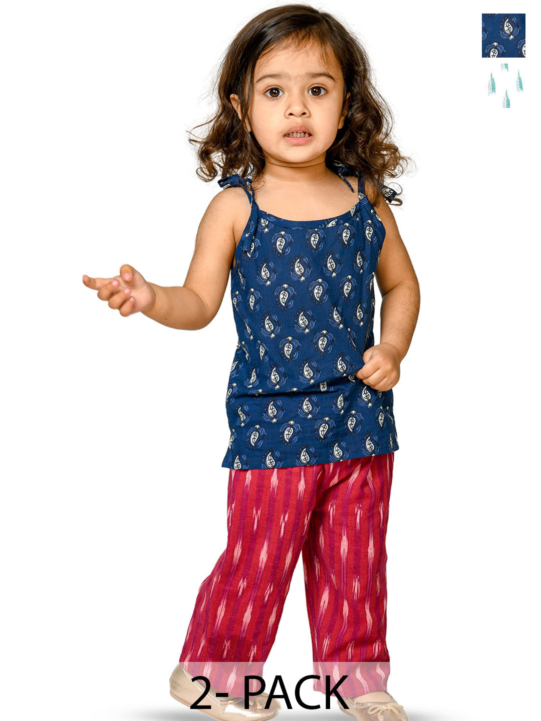

Tiny Bunnies Girls Pack Of 2 Printed Shoulder Strap Pure Cotton Top With Trousers, Blue