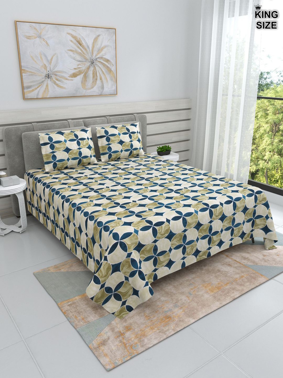 

DREAM WEAVERZ Cream & Blue Cotton 220 TC Super King Bedsheet with 2 Pillow Covers