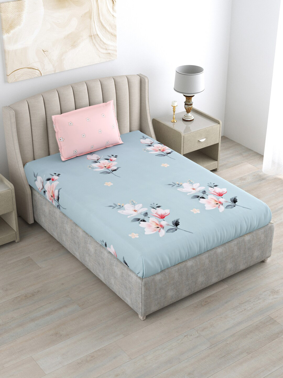 

DREAM WEAVERZ Sky Blue Floral Pure Cotton 220 TC Single Bedsheet with 1 Pillow Cover, Turquoise blue
