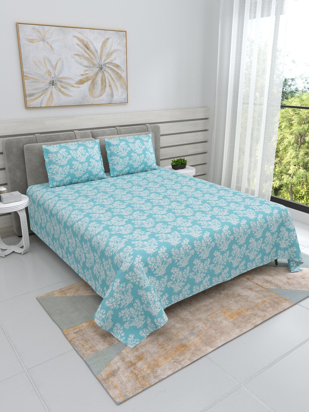 

DREAM WEAVERZ Sky Blue & White Cotton 220 TC Super King Bedsheet With 2 Pillow Covers