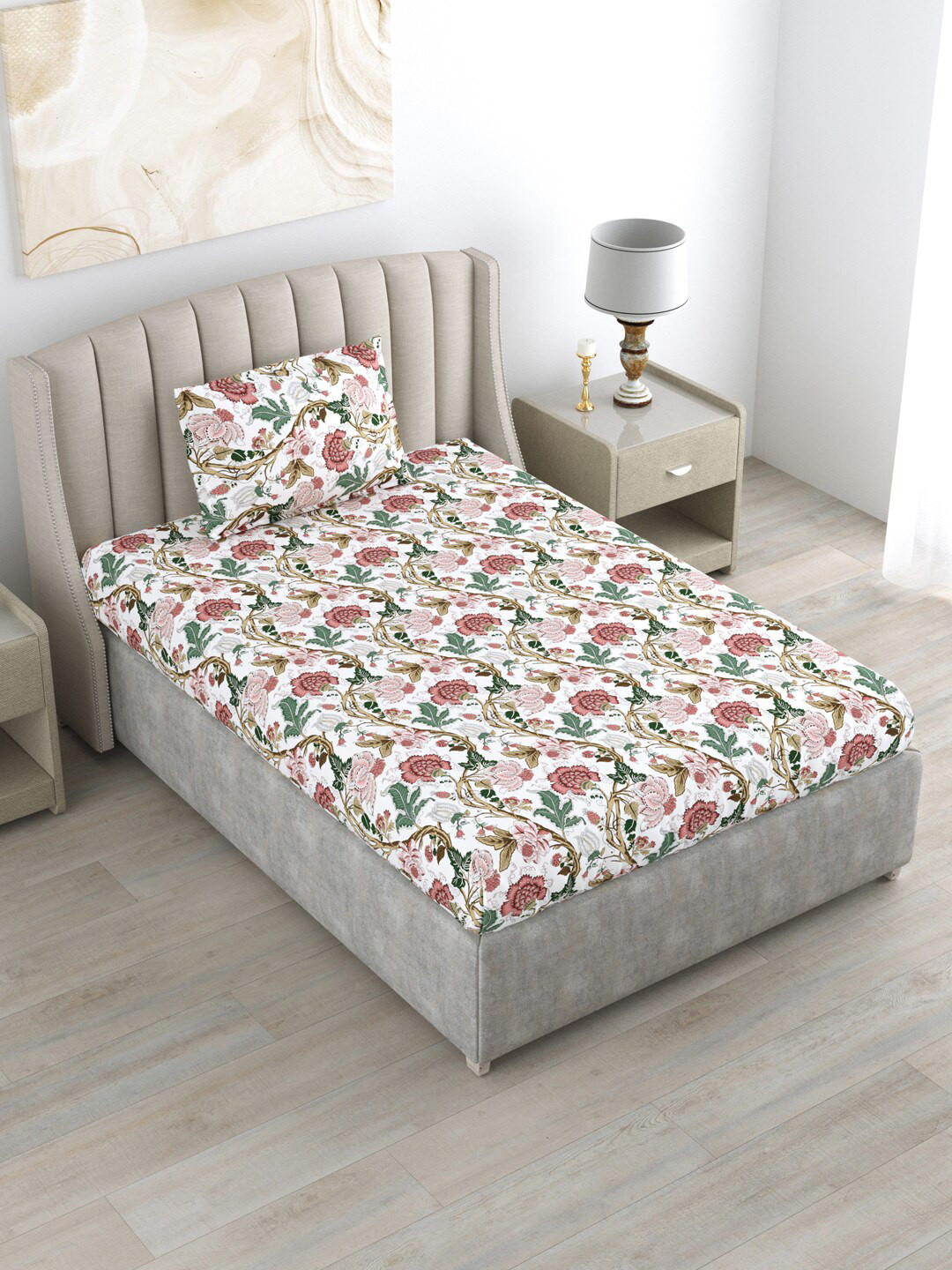 

DREAM WEAVERZ White & Pink Anokhi Pure Cotton 220 TC Single Bedsheet with 1 Pillow Cover