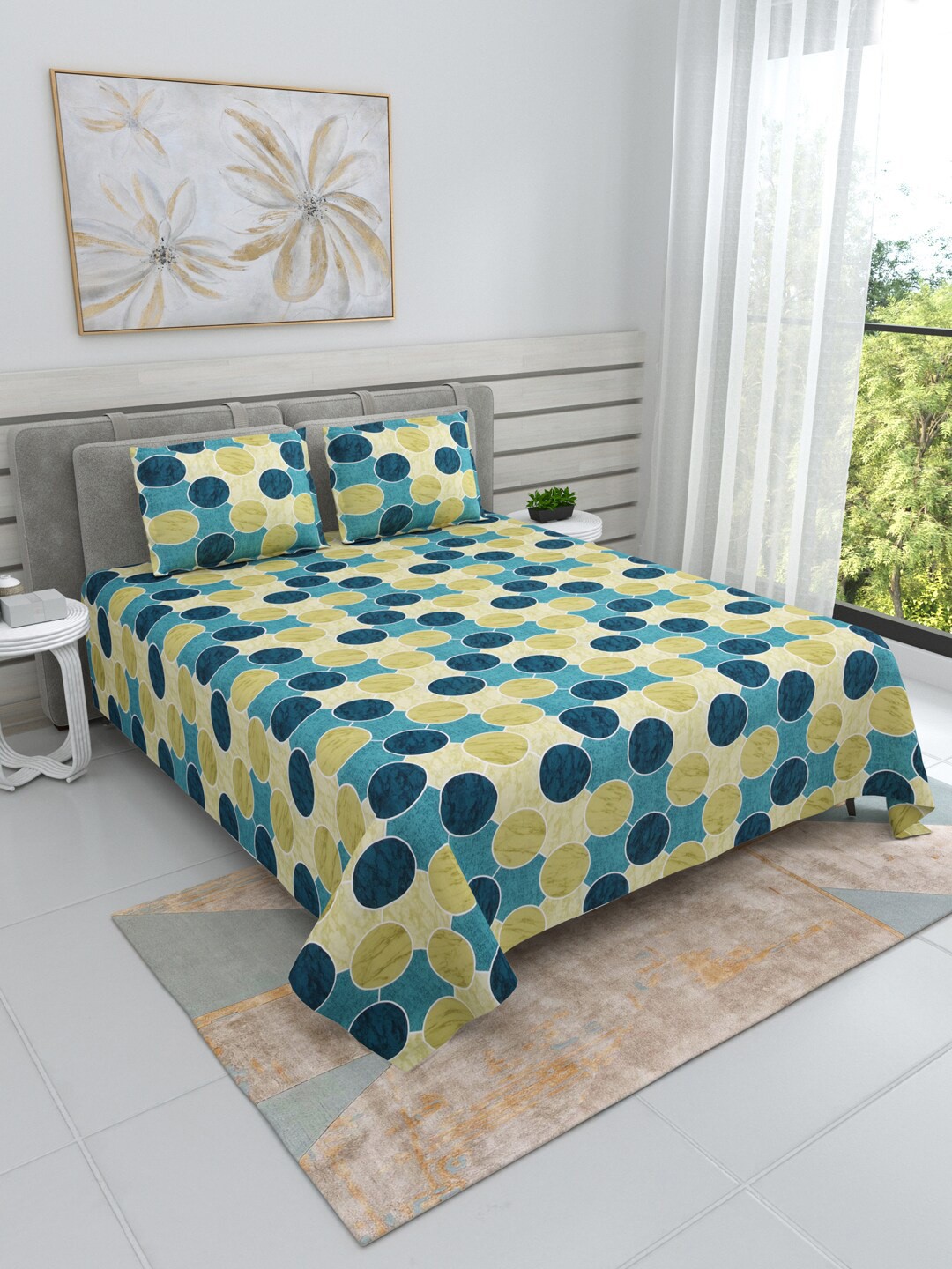 

DREAM WEAVERZ Blue & Green Cotton 220 TC Super King Bedsheet with 2 Pillow Covers