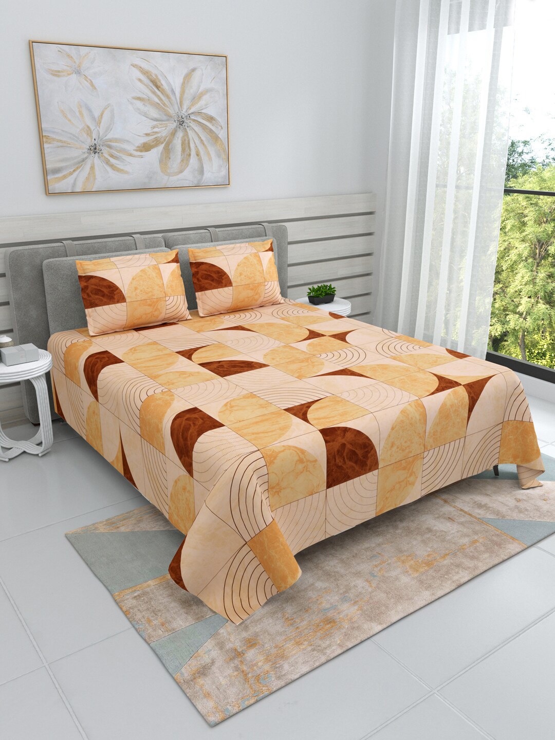 

DREAM WEAVERZ Orange & Brown Geometric Cotton 220 TC King Bedsheet with 2 Pillow Covers