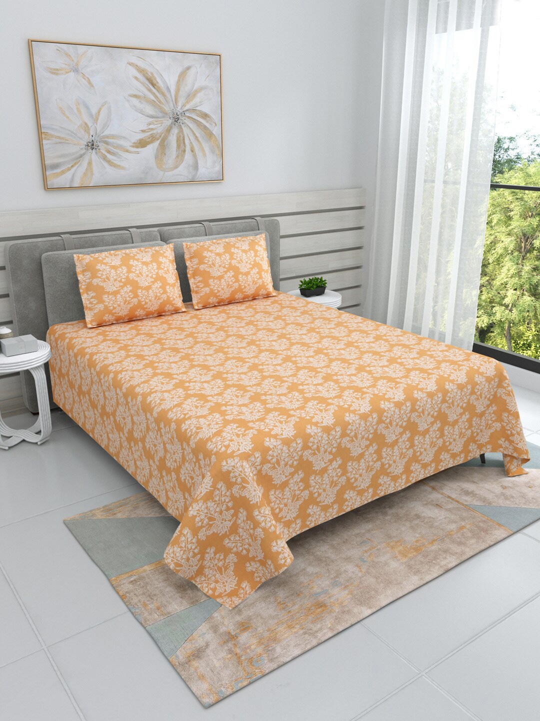 

DREAM WEAVERZ Orange & White Floral Cotton 220 TC Super King Bedsheet With 2 Pillow Covers