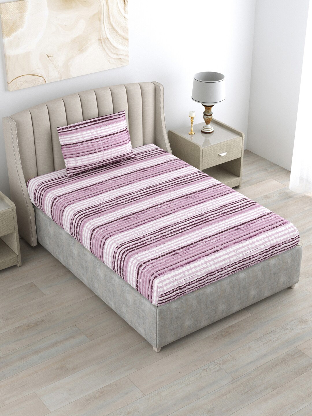 

DREAM WEAVERZ Purple & White Stripe Pure Cotton 220 TC Single Bedsheet with 1 Pillow Cover