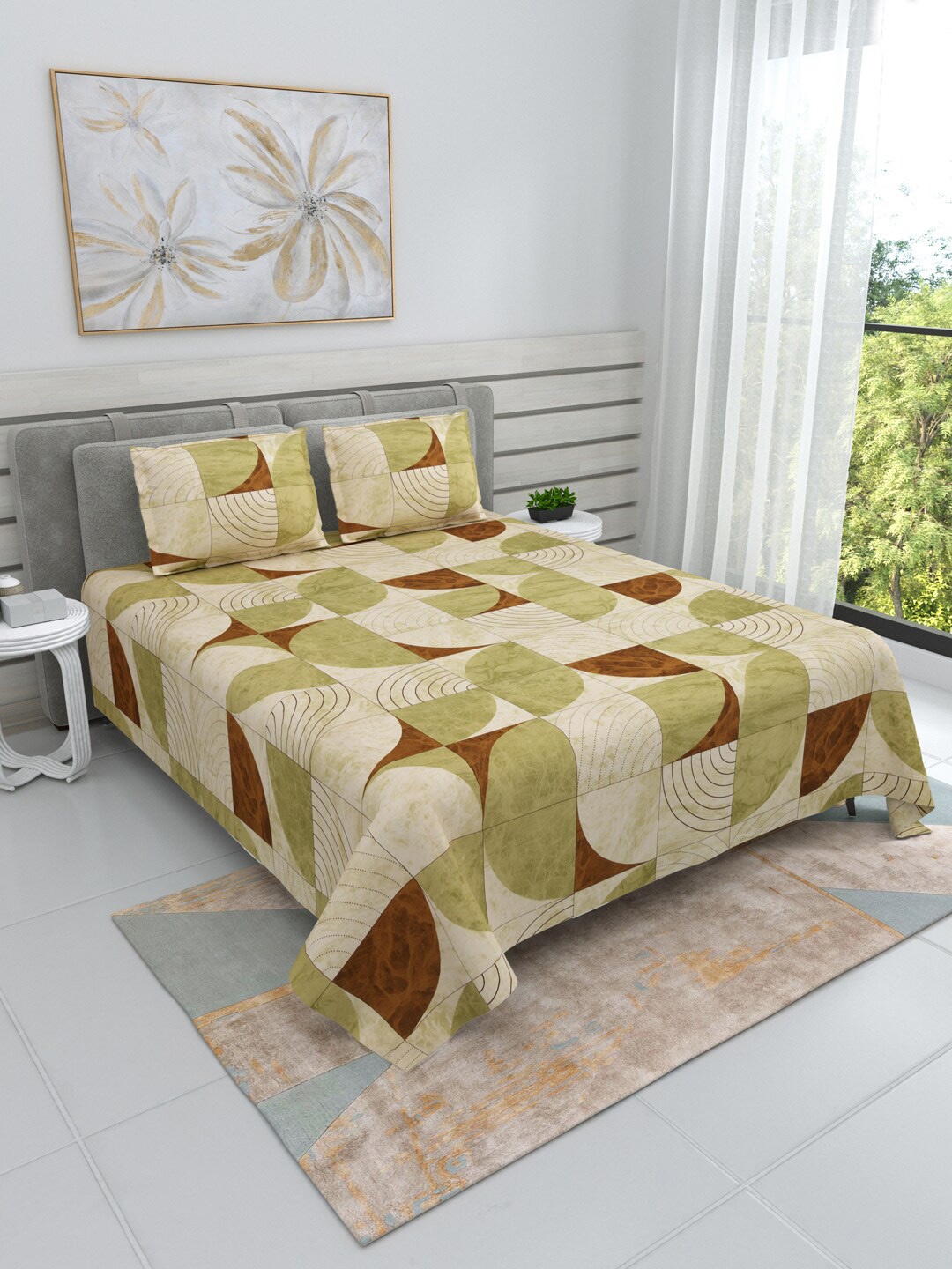 

DREAM WEAVERZ Green & Brown Cotton 220 TC Super King Bedsheet with 2 Pillow Covers