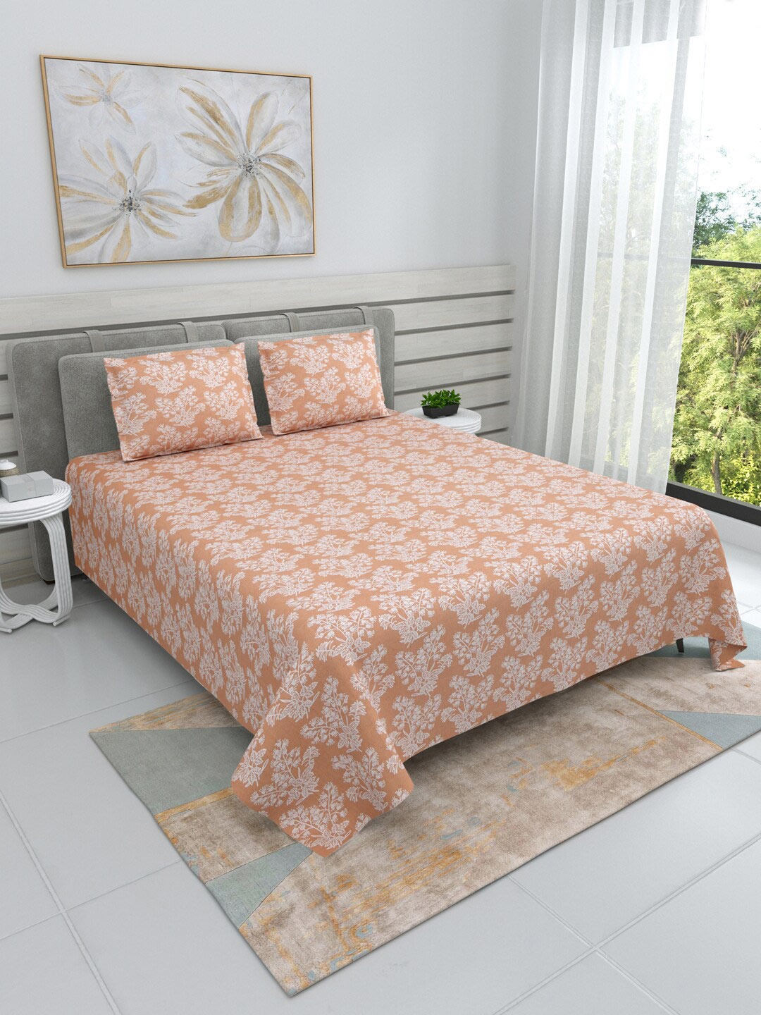 

DREAM WEAVERZ Peach & White Floral Cotton 220 TC Super King Bedsheet With 2 Pillow Covers, Orange